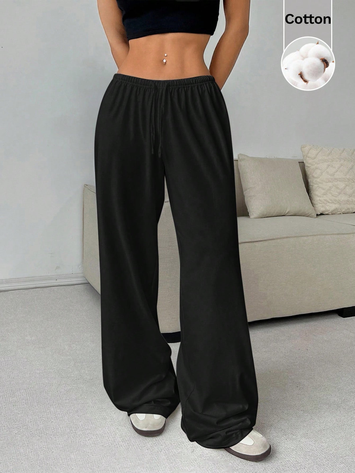 CovetEZ Women's Plain Black Casual Basic Drawstring Waist Wide Leg Jogger Pants, Comfortable Loose Yoga Pants, Fitness Pants, Summer Loungewear Lounge
