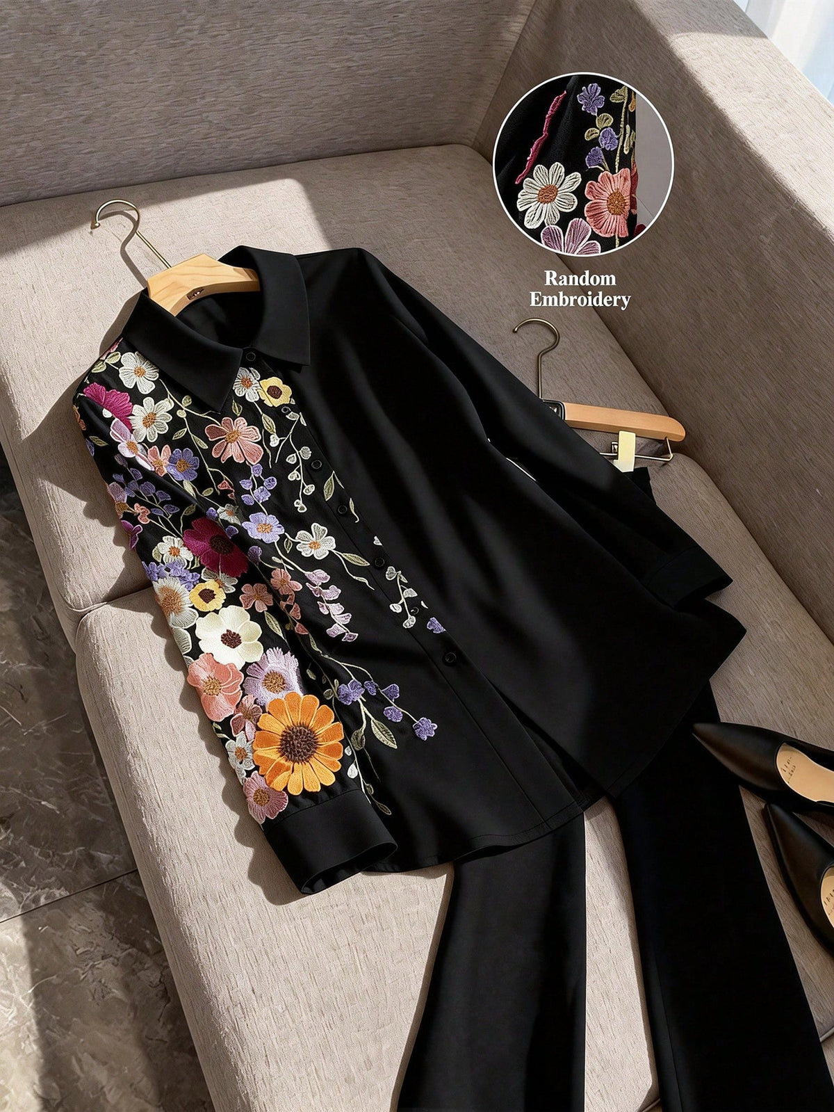 CURVE+ Plus Size Women's Floral Embroidery Pattern Casual Versatile Daily Outing Shirt Fall