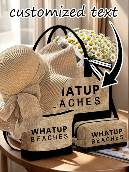 Customized Linen Beach Bag & Beach Hat, Letter Canvas Tote, Including Small Bag, Large Handbag, Beach Travel Tote, Suitable For Bridesmaids, Brides Party, Birthday, Flower Girl, Holiday, Bachelor Part