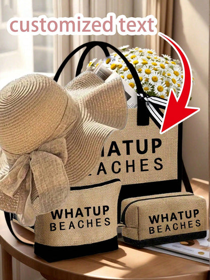 Customized Linen Beach Bag & Beach Hat, Letter Canvas Tote, Including Small Bag, Large Handbag, Beach Travel Tote, Suitable For Bridesmaids, Brides Party, Birthday, Flower Girl, Holiday, Bachelor Part