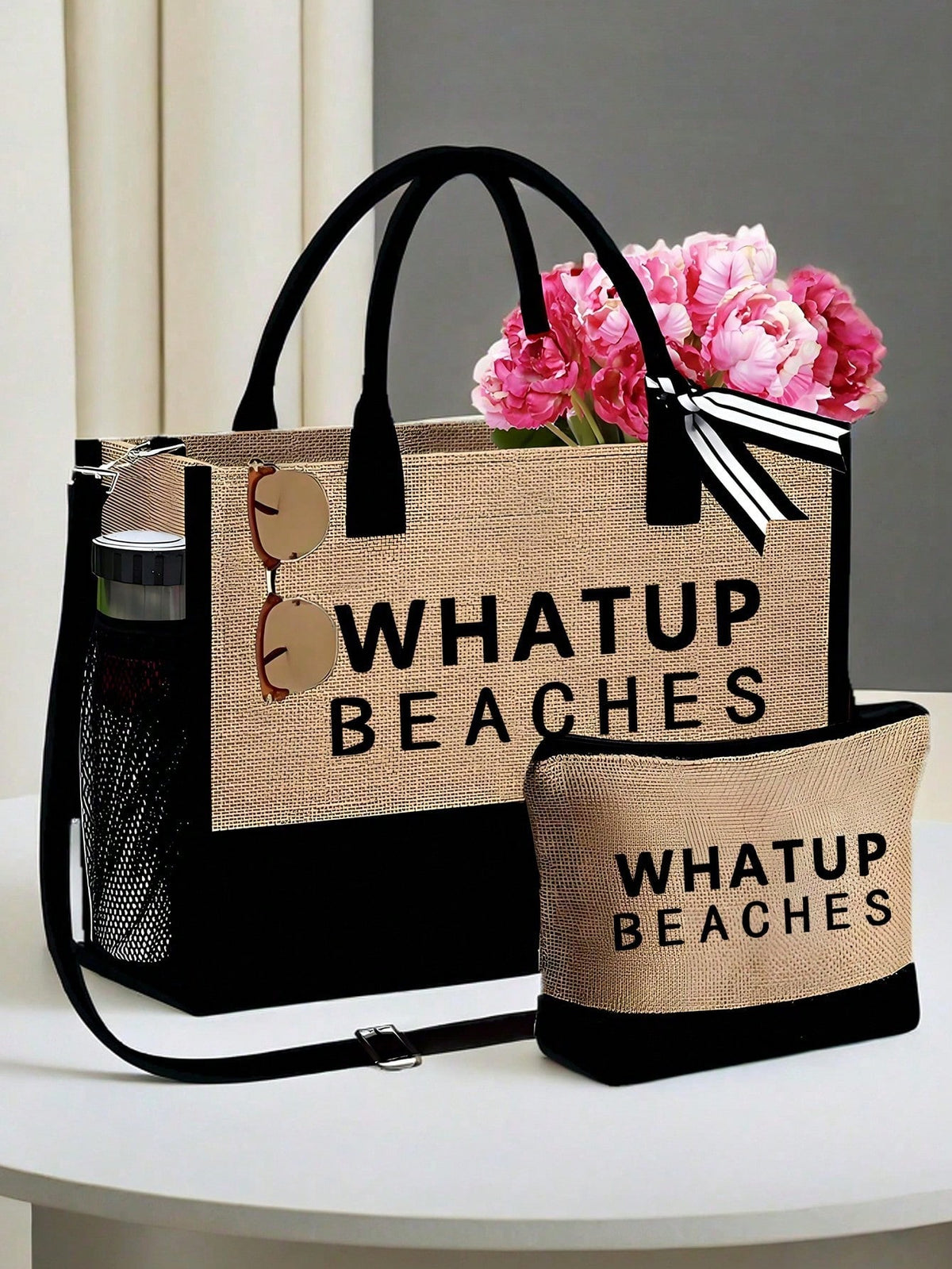 Customized Linen Beach Bag & Beach Hat, Letter Canvas Tote, Including Small Bag, Large Handbag, Beach Travel Tote, Suitable For Bridesmaids, Brides Party, Birthday, Flower Girl, Holiday, Bachelor Part