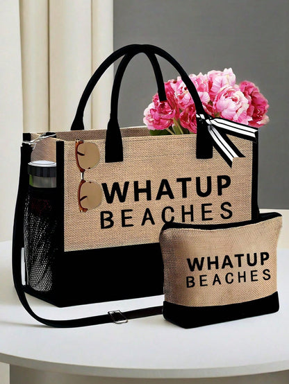 Customized Linen Beach Bag & Beach Hat, Letter Canvas Tote, Including Small Bag, Large Handbag, Beach Travel Tote, Suitable For Bridesmaids, Brides Party, Birthday, Flower Girl, Holiday, Bachelor Part