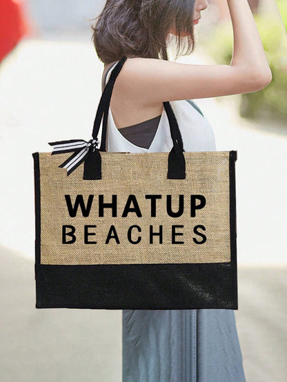 Customized Linen Beach Bag & Beach Hat, Letter Canvas Tote, Including Small Bag, Large Handbag, Beach Travel Tote, Suitable For Bridesmaids, Brides Party, Birthday, Flower Girl, Holiday, Bachelor Part