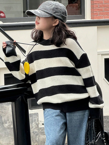 Dazy Kids Tween Girl Round Neck Long Sleeve Striped Sweater, Casual Everyday Wear