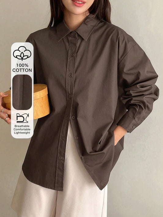 DAZY Solid Drop Shoulder Button Up Oversized Shirt,Long Sleeve Tops,Fall Clothes
