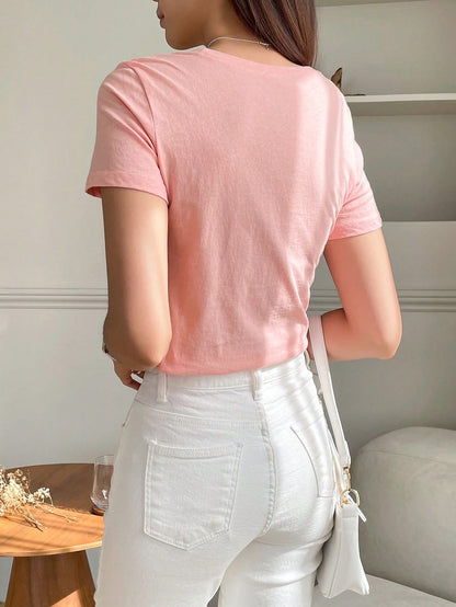 DAZY Solid Round Neck Tee Preppy Tops