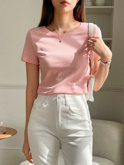 DAZY Solid Round Neck Tee Preppy Tops