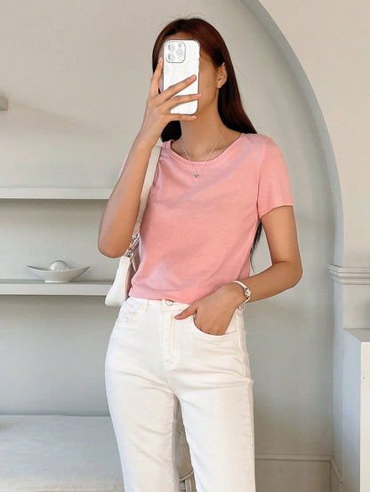 DAZY Solid Round Neck Tee Preppy Tops