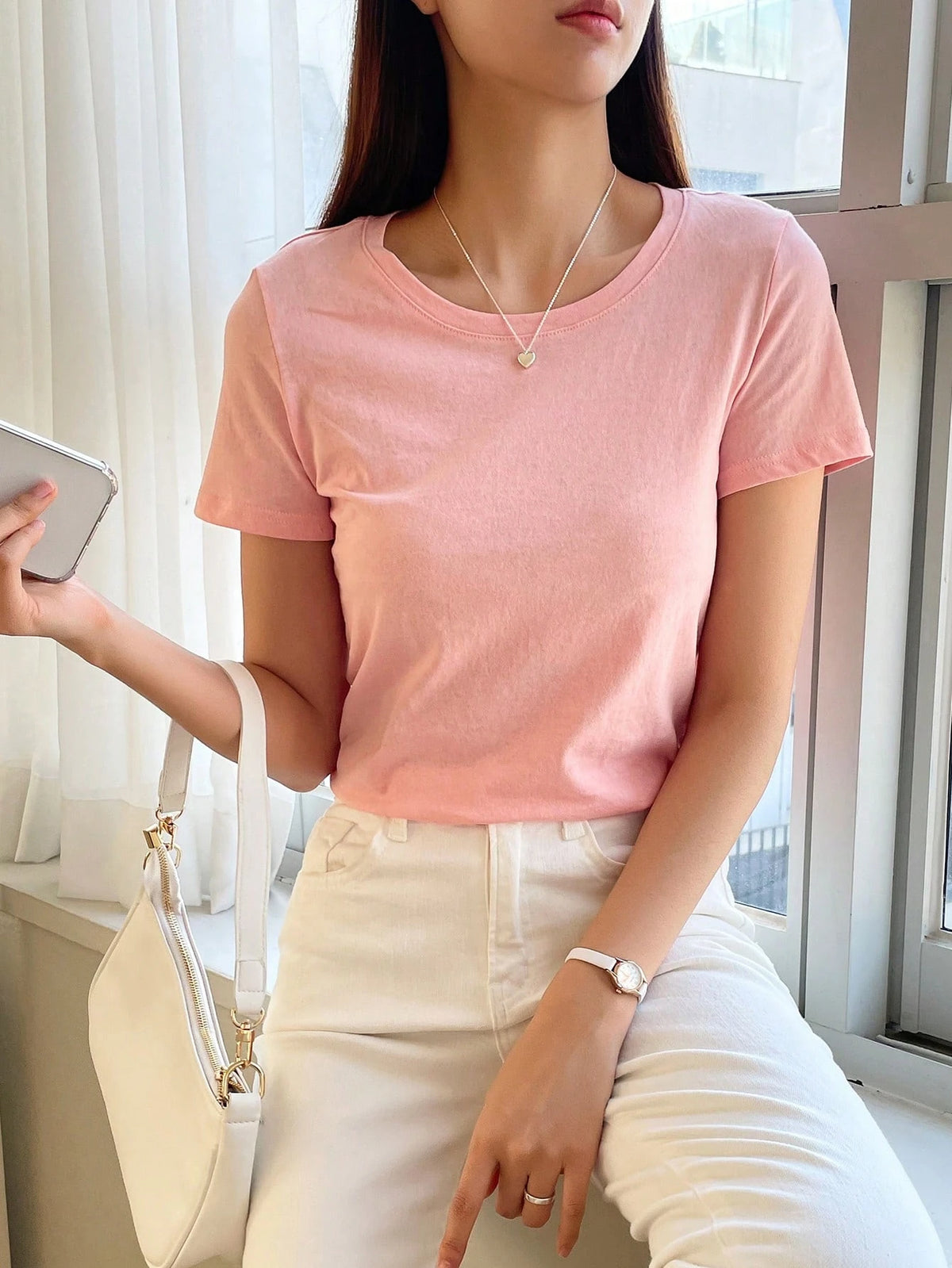 DAZY Solid Round Neck Tee Preppy Tops