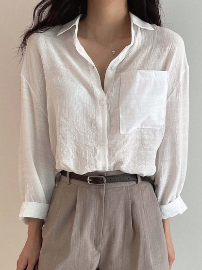 DAZY Solid Single Breasted Pocket Detail Shirt,Fall Women Clothes Long Sleeve Top