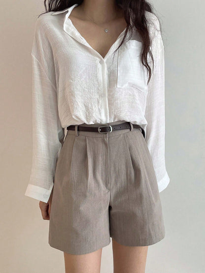 DAZY Solid Single Breasted Pocket Detail Shirt,Fall Women Clothes Long Sleeve Top