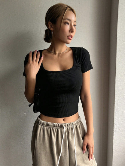 DAZY Square Neck Ribbed Knit Crop Tee Preppy Tops Cute Tops