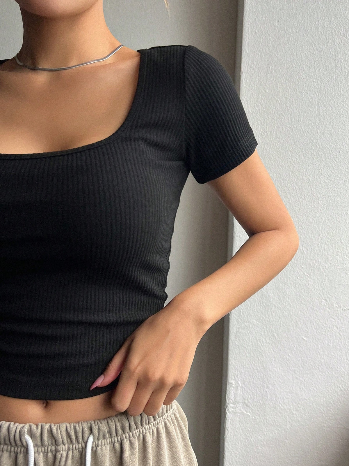 DAZY Square Neck Ribbed Knit Crop Tee Preppy Tops Cute Tops