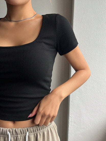 DAZY Square Neck Ribbed Knit Crop Tee Preppy Tops Cute Tops