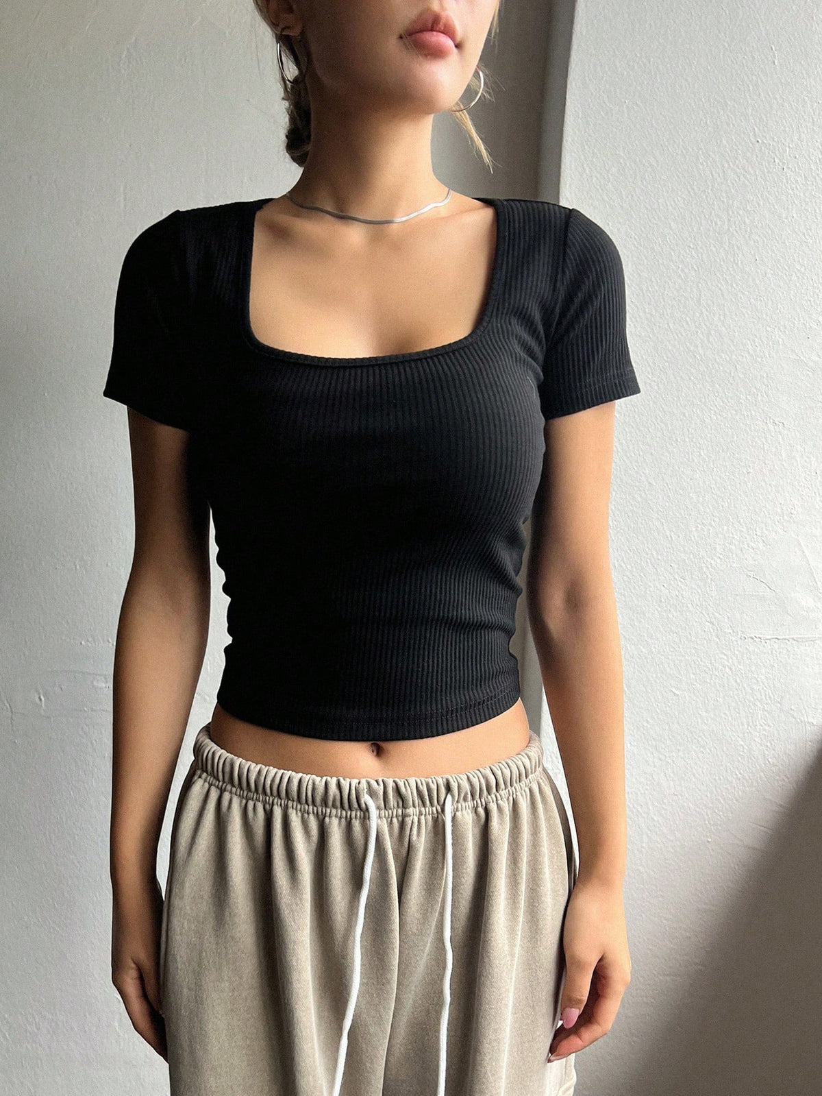 DAZY Square Neck Ribbed Knit Crop Tee Preppy Tops Cute Tops