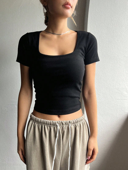 DAZY Square Neck Ribbed Knit Crop Tee Preppy Tops Cute Tops