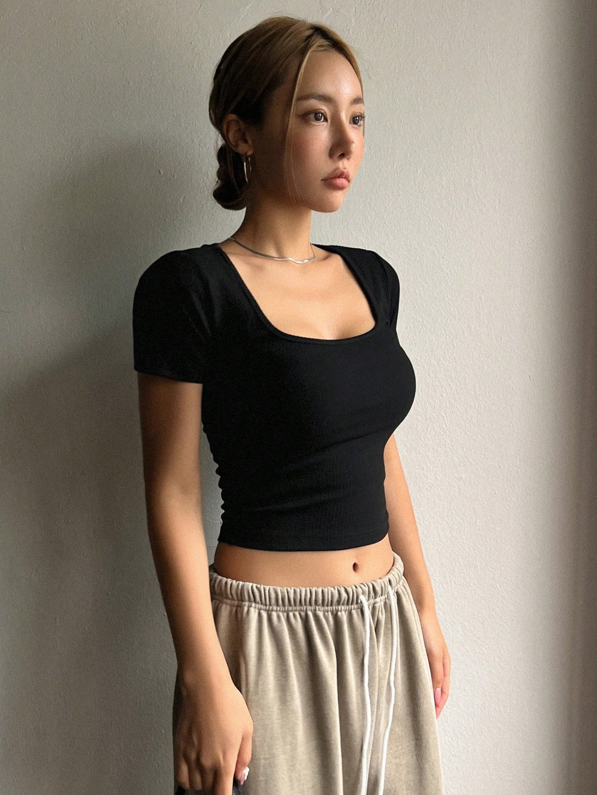 DAZY Square Neck Ribbed Knit Crop Tee Preppy Tops Cute Tops