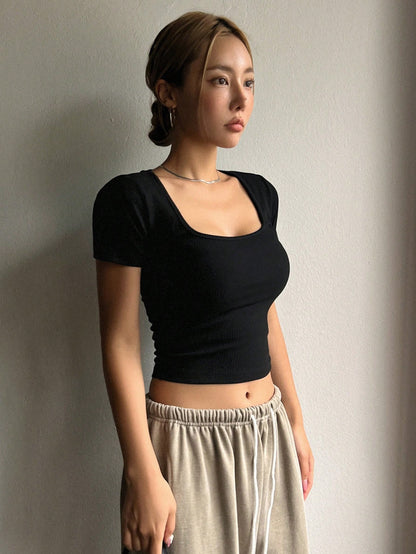DAZY Square Neck Ribbed Knit Crop Tee Preppy Tops Cute Tops