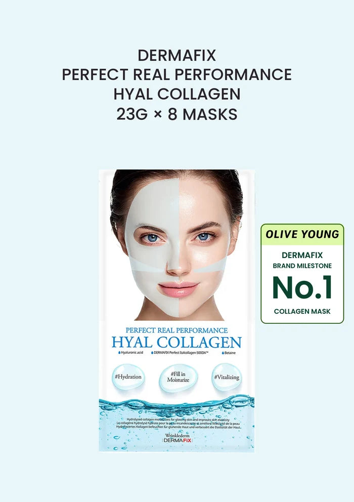 DERMAFIX Perfect Real Performance Hyal Collagen Mask, 23g x 8 masks, with Olive Young DERMAFIX brand milestone badge.