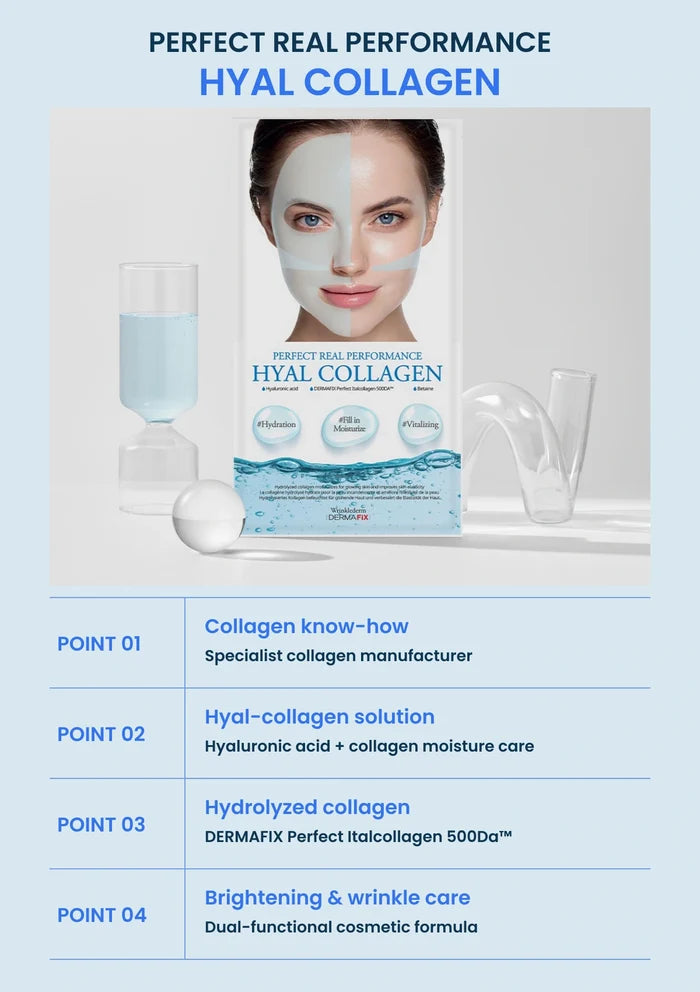DERMAFIX Hyal Collagen — authentic blue pack and four formula benefits