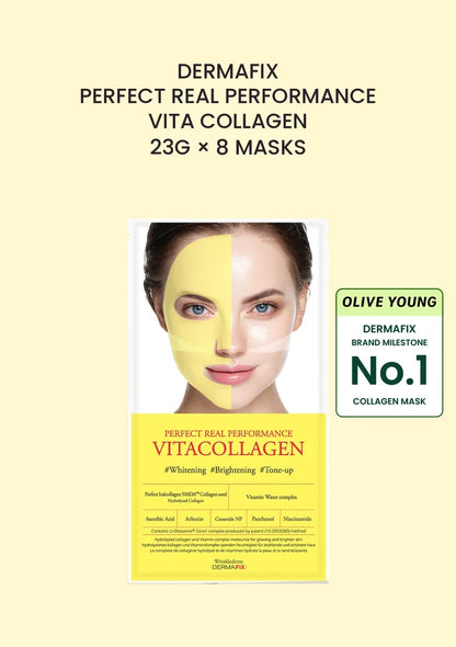 DERMAFIX Perfect Real Performance Vita Collagen Mask, 23g x 8 masks, with Olive Young DERMAFIX brand milestone badge.