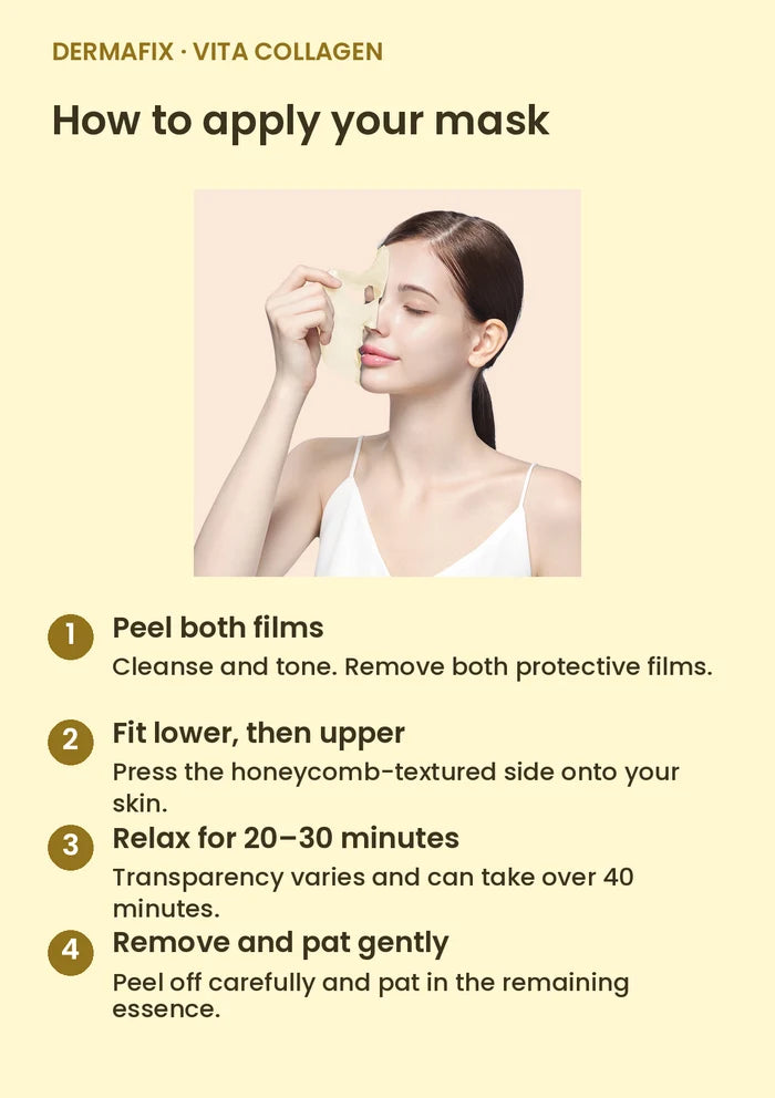 How to use DERMAFIX Vita Collagen Mask: Peel both films. Cleanse and tone. Remove both protective films.. Fit lower, then upper. Press the honeycomb-textured side onto your skin.. Relax for 20–30 minutes. Transparency varies and can take over 40 minutes.. Remove and pat gently. Peel off carefully and pat in the remaining essence.