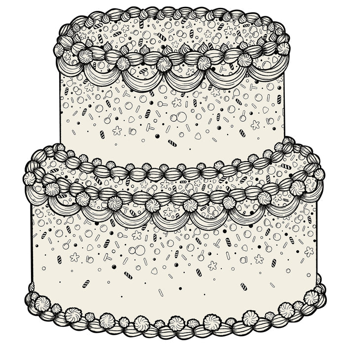 Black and white illustration of a decorative cake with intricate patterns.