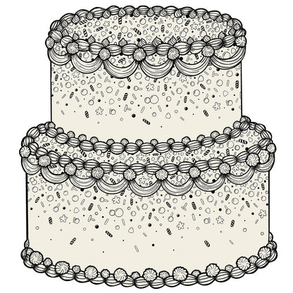 Black and white illustration of a decorative cake with intricate patterns.