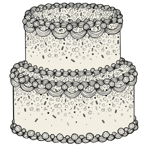 Black and white illustration of a decorative cake with intricate patterns.