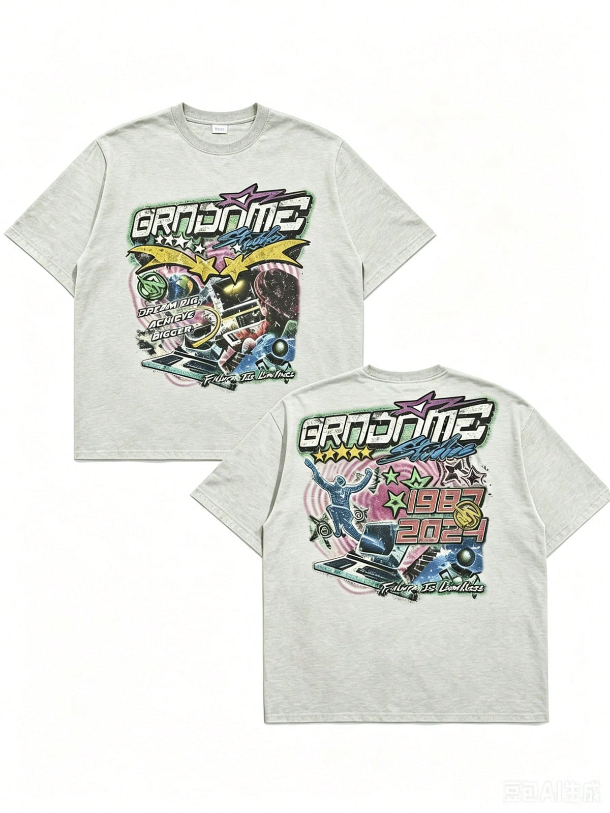 Double Sided Printing (220 Cotton-Shirt) 'GRNONME' Letters And Sci-Fi Patterns Double Sided Printing Men's Summer Round Neck Short Sleeved Casual Co