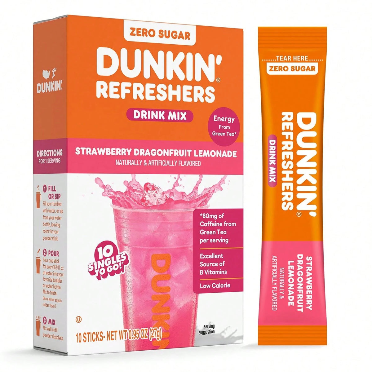 Dunkin’ Zero Sugar Refreshers Singles To Go! Powdered Drink Mix, 40 Ct Variety Pack, Energy From Green Tea, Aspartame-Free, Just Add Water