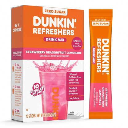 Dunkin’ Zero Sugar Refreshers Singles To Go! Powdered Drink Mix, 40 Ct Variety Pack, Energy From Green Tea, Aspartame-Free, Just Add Water