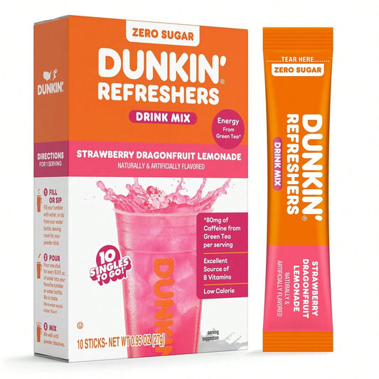 Dunkin’ Zero Sugar Refreshers Singles To Go! Powdered Drink Mix, 40 Ct Variety Pack, Energy From Green Tea, Aspartame-Free, Just Add Water