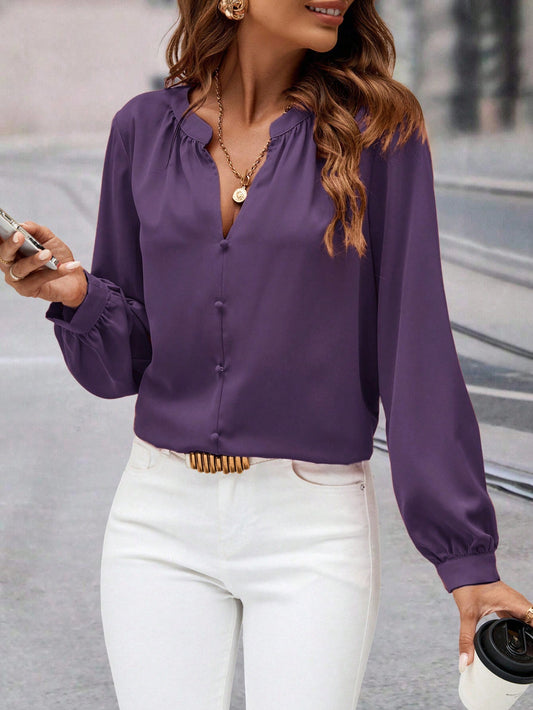 Editum Women's Dark Purple V-Neck Long Sleeve Blouse,Autumn Elegant Office Versatile Pleated Fashionable Commuting Casual Vacation Party Wedding Graduation