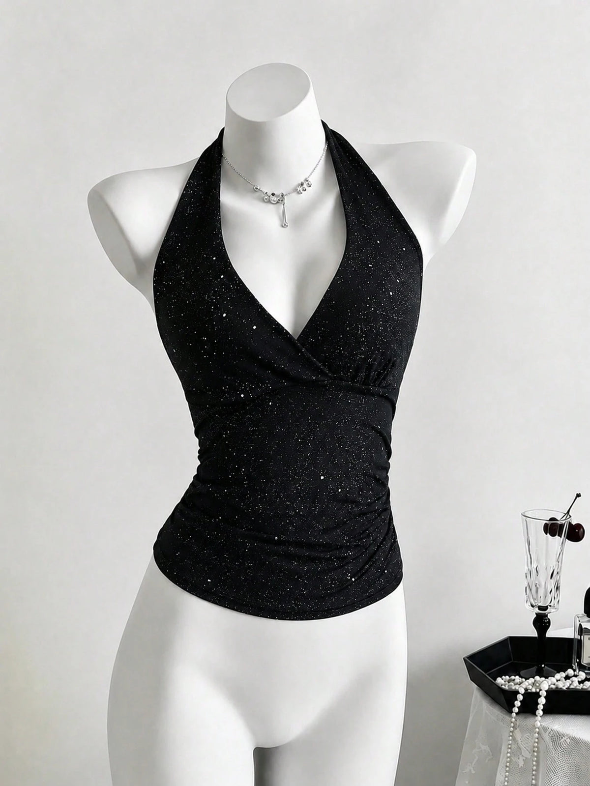 Elamini Fashionable Glittery Criss Cross Back Halter Neck Crop Top