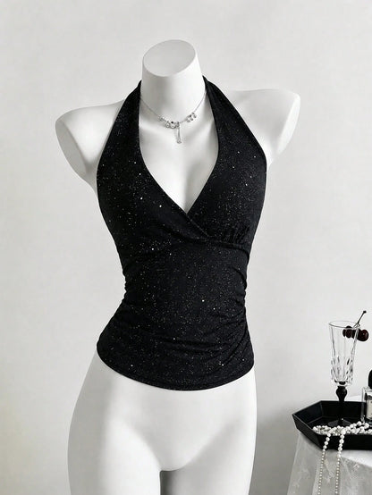 Elamini Fashionable Glittery Criss Cross Back Halter Neck Crop Top