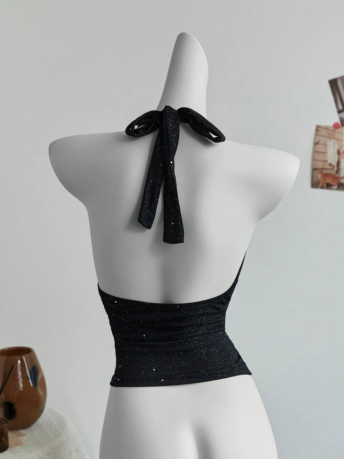 Elamini Fashionable Glittery Criss Cross Back Halter Neck Crop Top