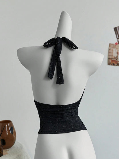 Elamini Fashionable Glittery Criss Cross Back Halter Neck Crop Top