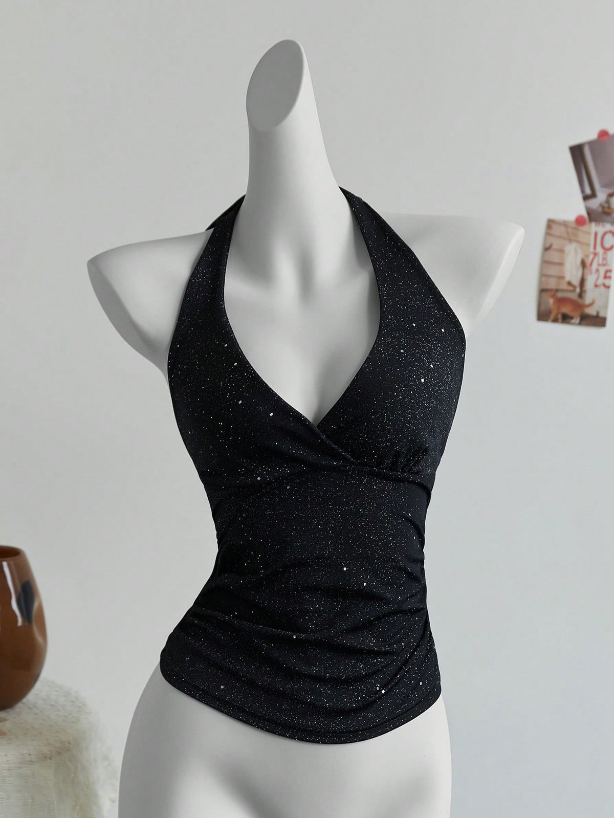 Elamini Fashionable Glittery Criss Cross Back Halter Neck Crop Top
