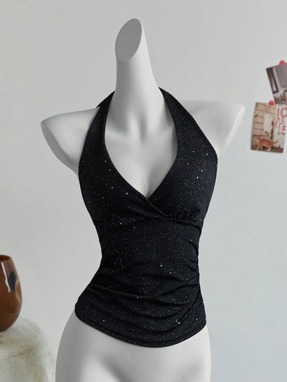 Elamini Fashionable Glittery Criss Cross Back Halter Neck Crop Top