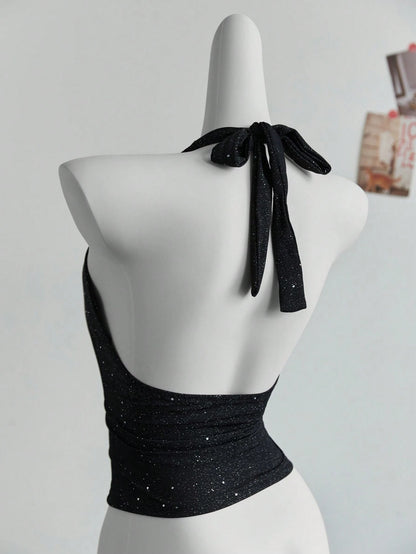 Elamini Fashionable Glittery Criss Cross Back Halter Neck Crop Top