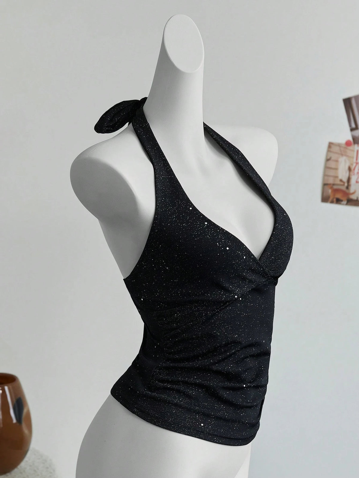 Elamini Fashionable Glittery Criss Cross Back Halter Neck Crop Top