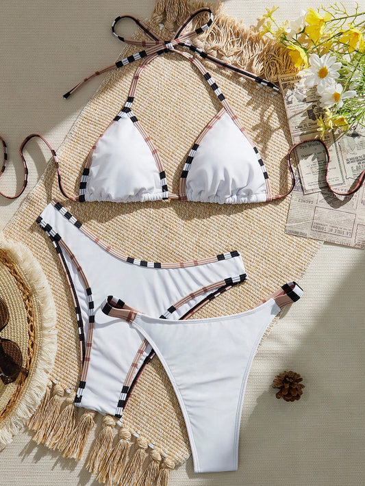 Elavelle 3pcs Solid Color Bikini Set, Women Swimwear For Spa Resort Boho Bikini Set