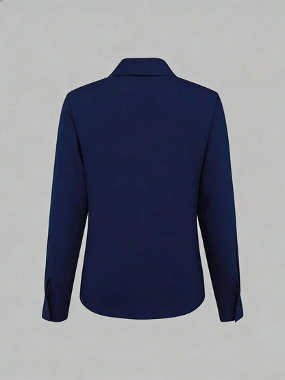 Elegant Navy Blue Regular Length Regular Sleeve Casual Shirt Collar Buttoned Blouse For Women Semi Sheer Woven