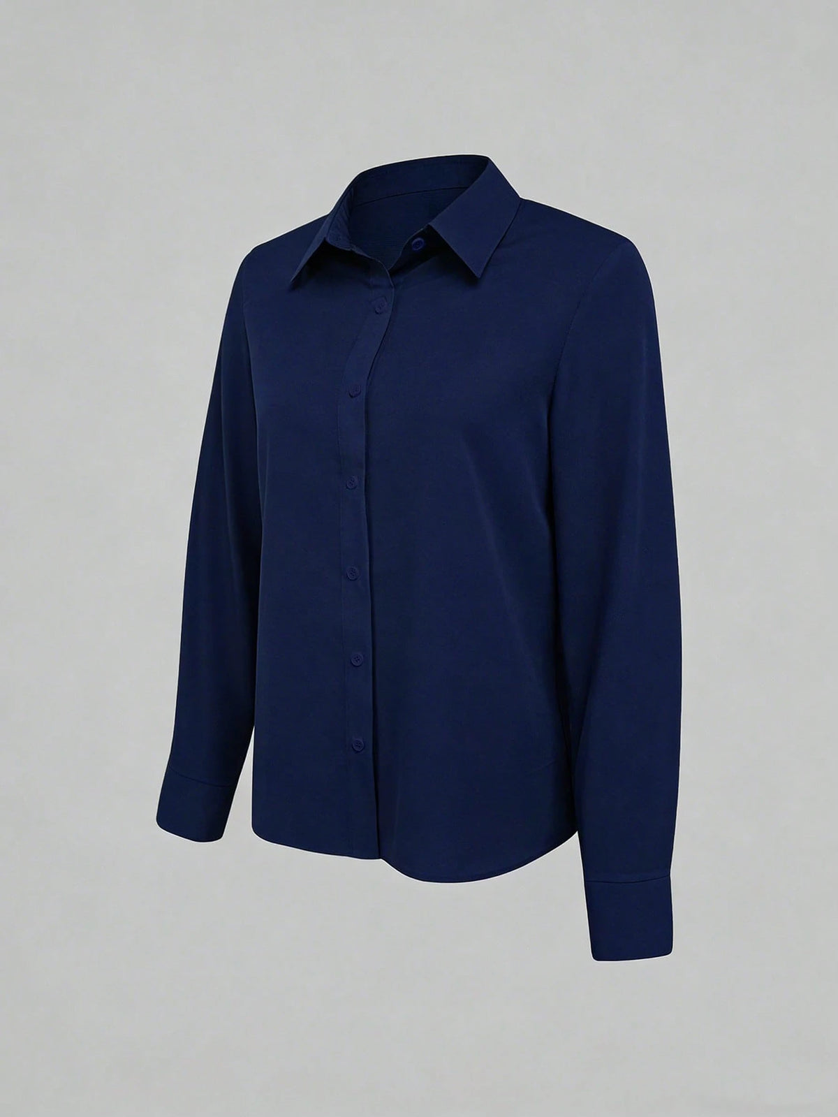 Elegant Navy Blue Regular Length Regular Sleeve Casual Shirt Collar Buttoned Blouse For Women Semi Sheer Woven