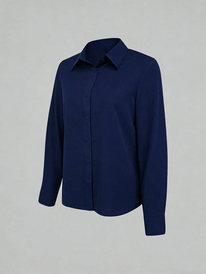 Elegant Navy Blue Regular Length Regular Sleeve Casual Shirt Collar Buttoned Blouse For Women Semi Sheer Woven