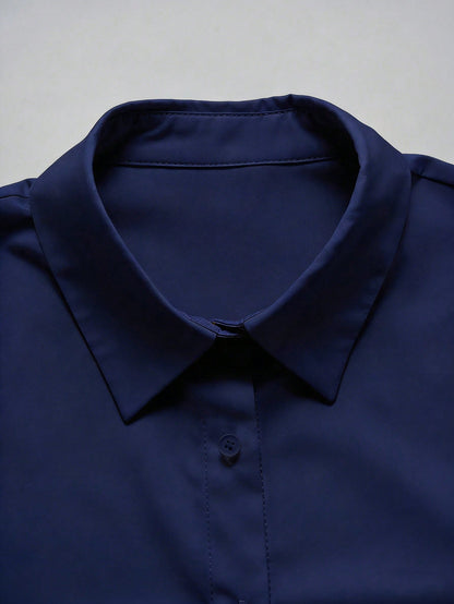 Elegant Navy Blue Regular Length Regular Sleeve Casual Shirt Collar Buttoned Blouse For Women Semi Sheer Woven