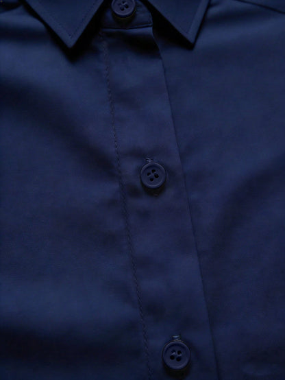 Elegant Navy Blue Regular Length Regular Sleeve Casual Shirt Collar Buttoned Blouse For Women Semi Sheer Woven