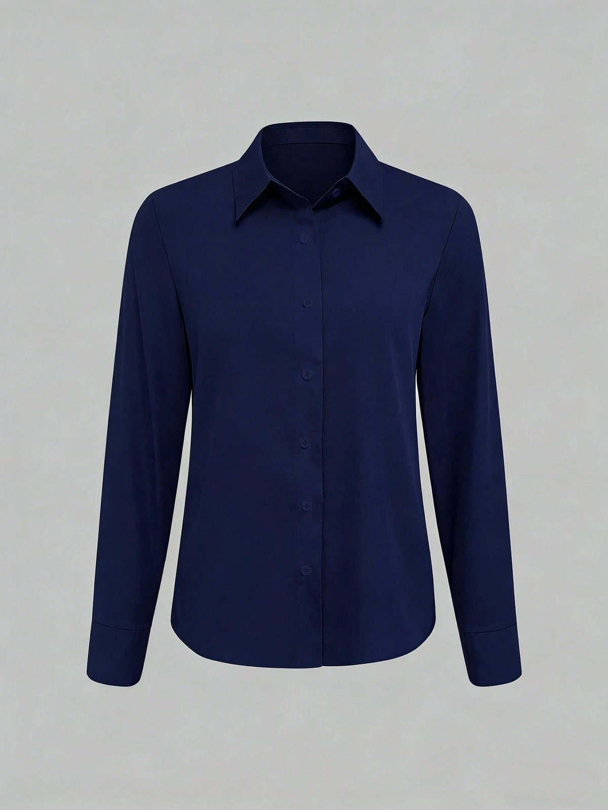Elegant Navy Blue Regular Length Regular Sleeve Casual Shirt Collar Buttoned Blouse For Women Semi Sheer Woven