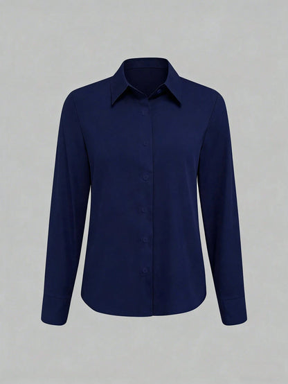 Elegant Navy Blue Regular Length Regular Sleeve Casual Shirt Collar Buttoned Blouse For Women Semi Sheer Woven